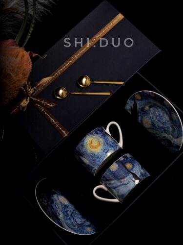 梵高咖啡杯碟套装轻奢高级感陶瓷星月夜水杯下午茶茶具伴手礼礼盒