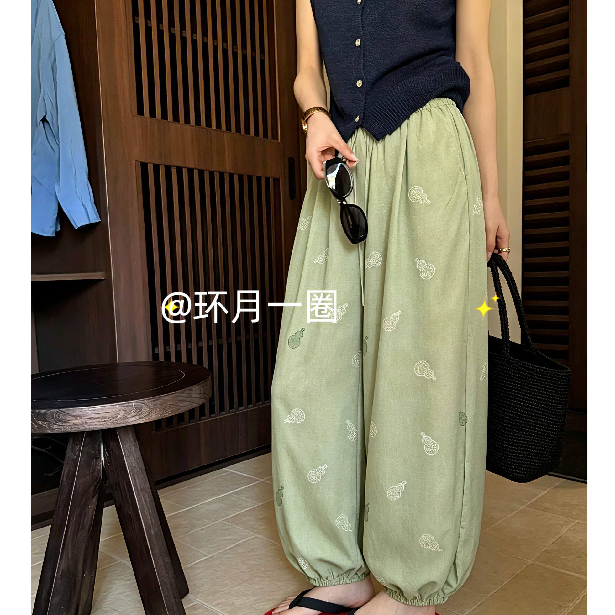【灯笼裤】国风带口袋改良宽松松紧腰宽松人造棉灯笼裤印花睡女