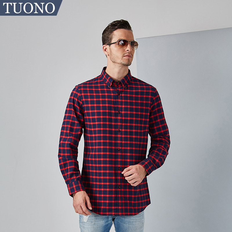 tuono韩版潮流青年磨毛格子衬衫