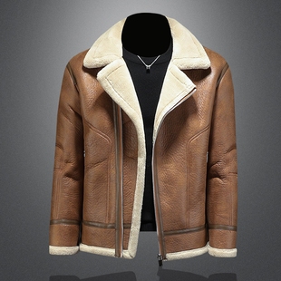 皮毛一体男士冬季加绒加厚皮衣短款机车服夹克男装羊羔毛棉衣外套