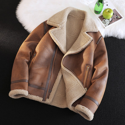 皮毛一体男士冬季大码加绒加厚皮衣短款机车服夹克男装羊羔毛外套