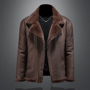 皮毛一体男士冬季大码加绒加厚皮衣短款机车服皮袄男装羊羔毛外套