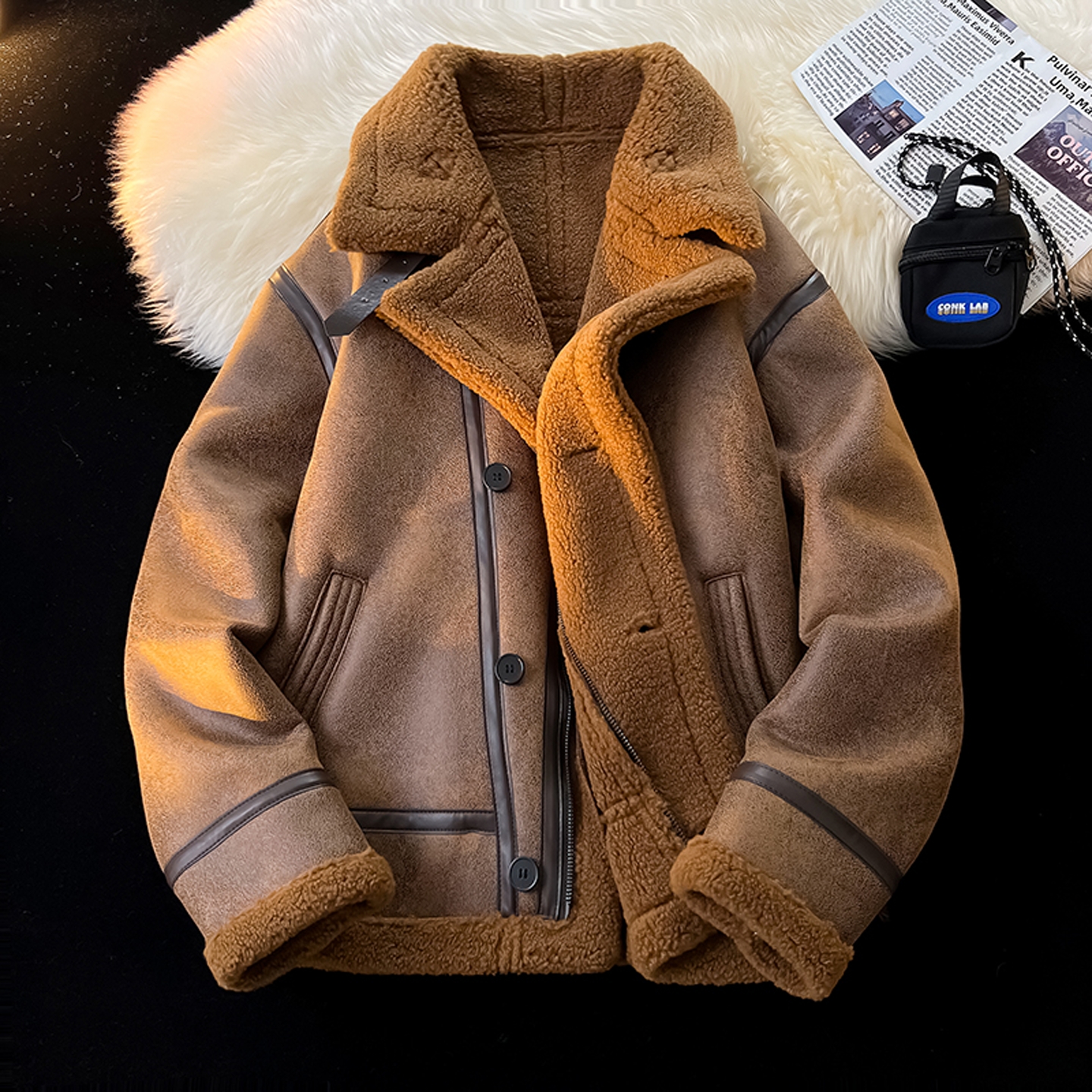 海宁皮毛一体男士冬季加绒加厚皮衣短款机车服皮袄男装羊羔毛外套