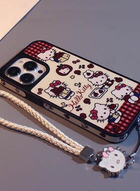 红色格子kt猫适用苹果16手机壳iPhone17promax侧边图案14新款可爱13可爱卡通15磨砂硅胶16pro防摔保护套女款