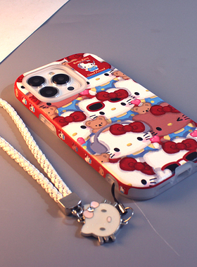 适用苹果16手机壳iPhone17promax红色侧贴满屏耳机KT猫14/13新款可爱16pro韩风ins小众15pro全包防摔硬壳女款