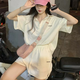 短裤 女夏季 短袖 运动套装 两件套潮 盐系学院风宽松POLO衫 跑步服时尚
