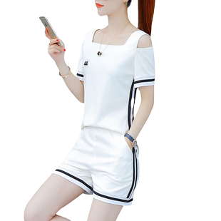 时尚露肩短袖T恤短裤两件套大码女装夏季新款休闲运动服套装女