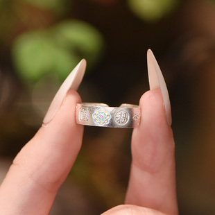 吴越老银铺正品珐琅戒指9999足银宝吉福戒指新中式吉言纯银戒指