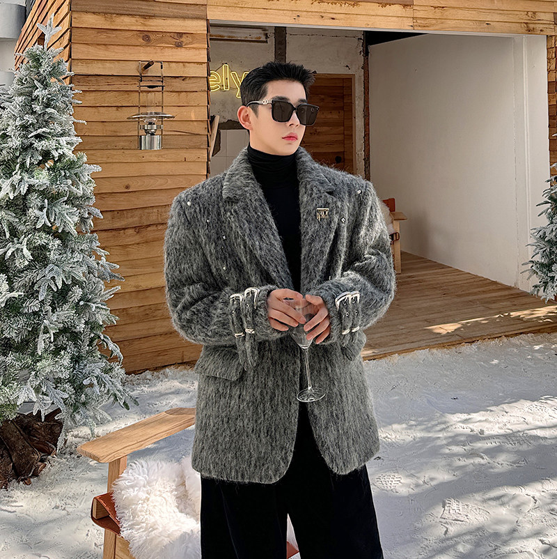 韩版小众设计师复古铆钉袖袢长绒棉羊毛廓形西装外套2418P210，男装西服套装，电商C212