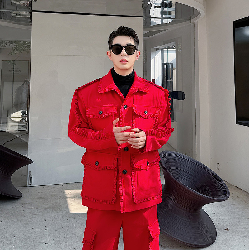 小众设计师重工多口袋木耳边美式复古工装套装两色2413P310，男装休闲套装，电商C212