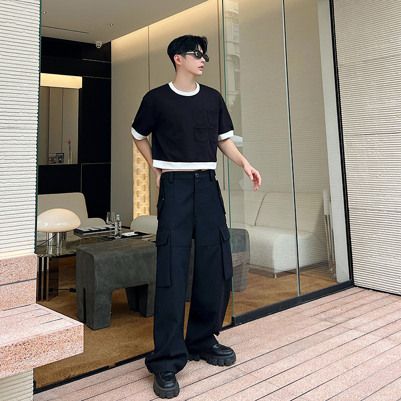 小众设计师多口袋撞色T恤黑白两色T2336P65,男装T恤,电商C212