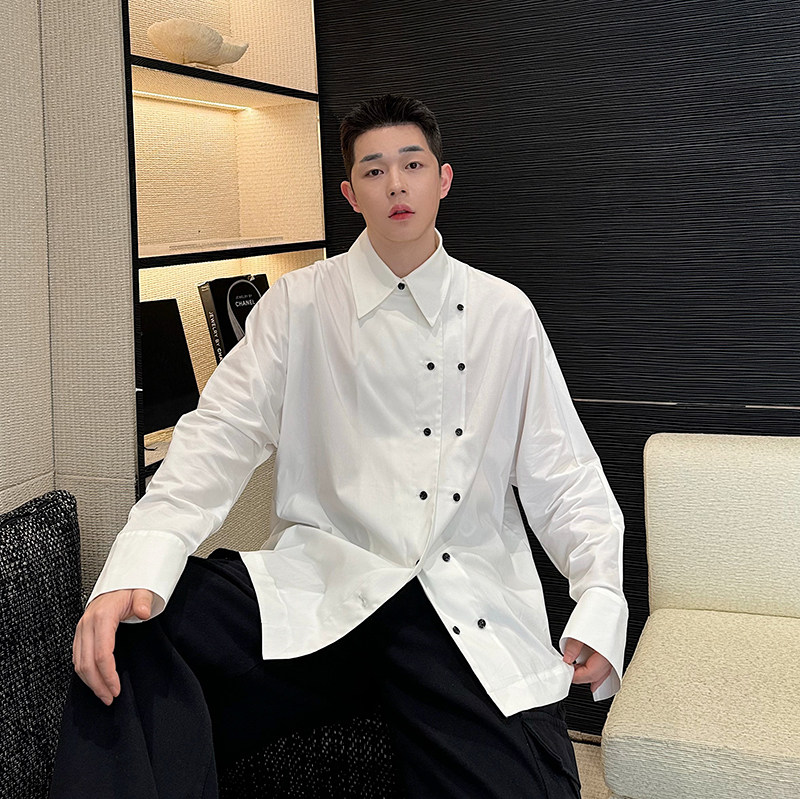 小众设计师斜门襟双排扣百搭休闲衬衫三色2535P80,男装衬衫,电商C212