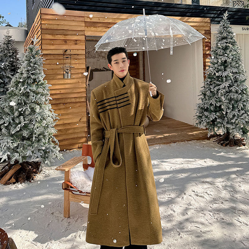 小众设计师复古盘扣立领系带气质羊毛呢廓型长款大衣两色2426P250图片