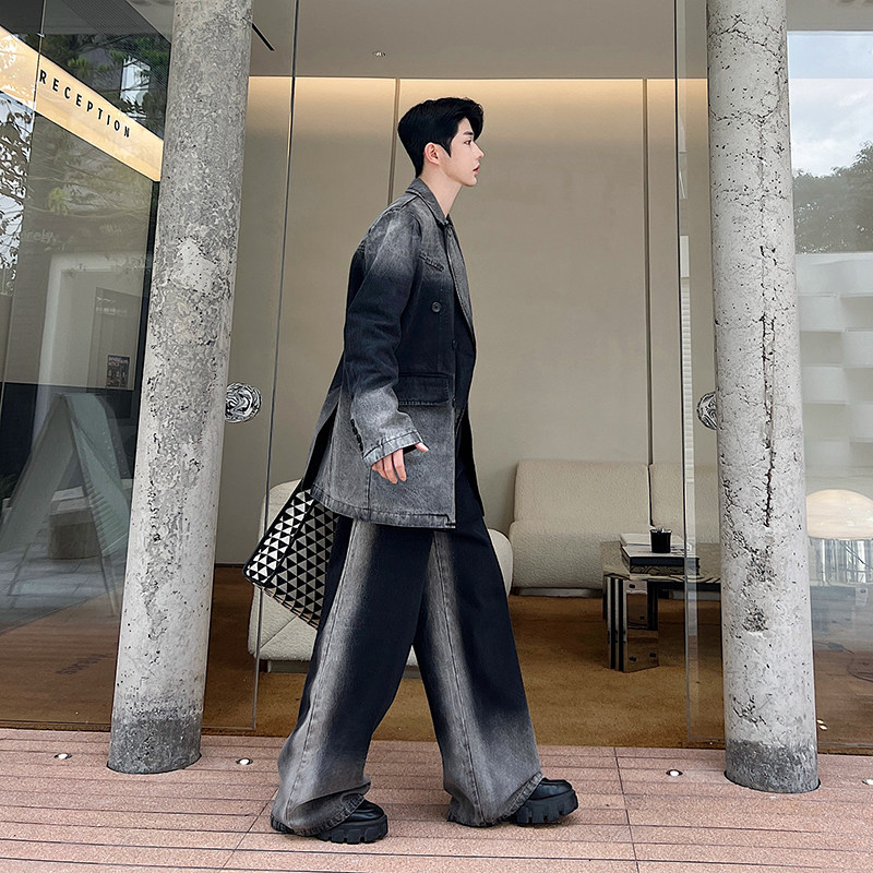小众设计师黑灰渐变水洗牛仔西装阔腿裤套装W2370P240,男装西服套装,电商C212