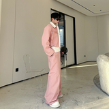 小众设计师撞色拼皮拉链大口袋短款休闲阔腿裤套装两色2533P245，男装西服，电商C212