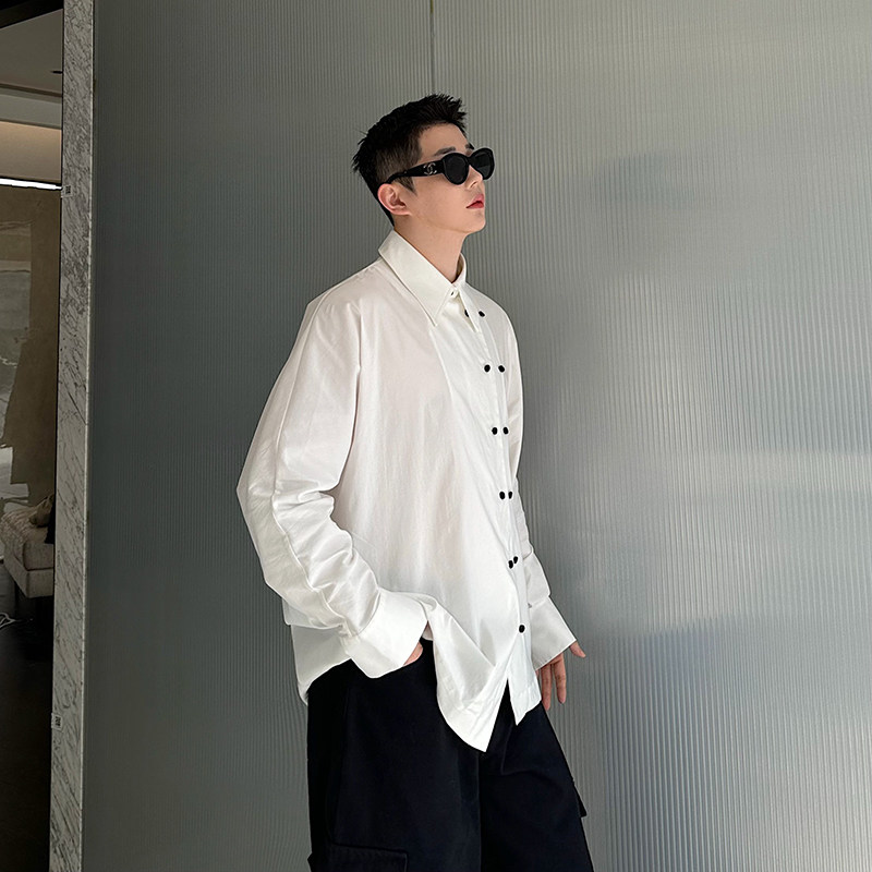 小众设计师斜门襟双排扣百搭休闲衬衫三色2535P80,男装衬衫,电商C212
