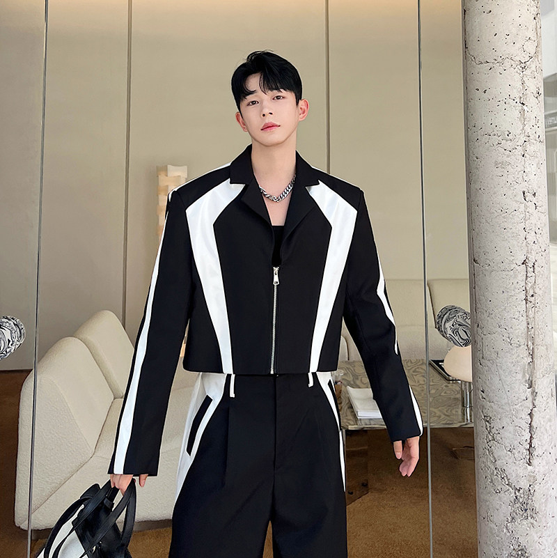 小众设计师漆皮黑白撞色西装阔腿裤套装W2323P215,男装西服套装,电商C212