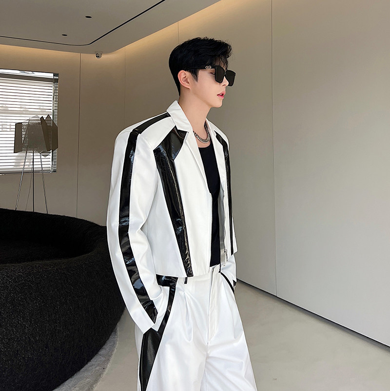 小众设计师漆皮黑白撞色西装阔腿裤套装W2323P215,男装西服套装,电商C212