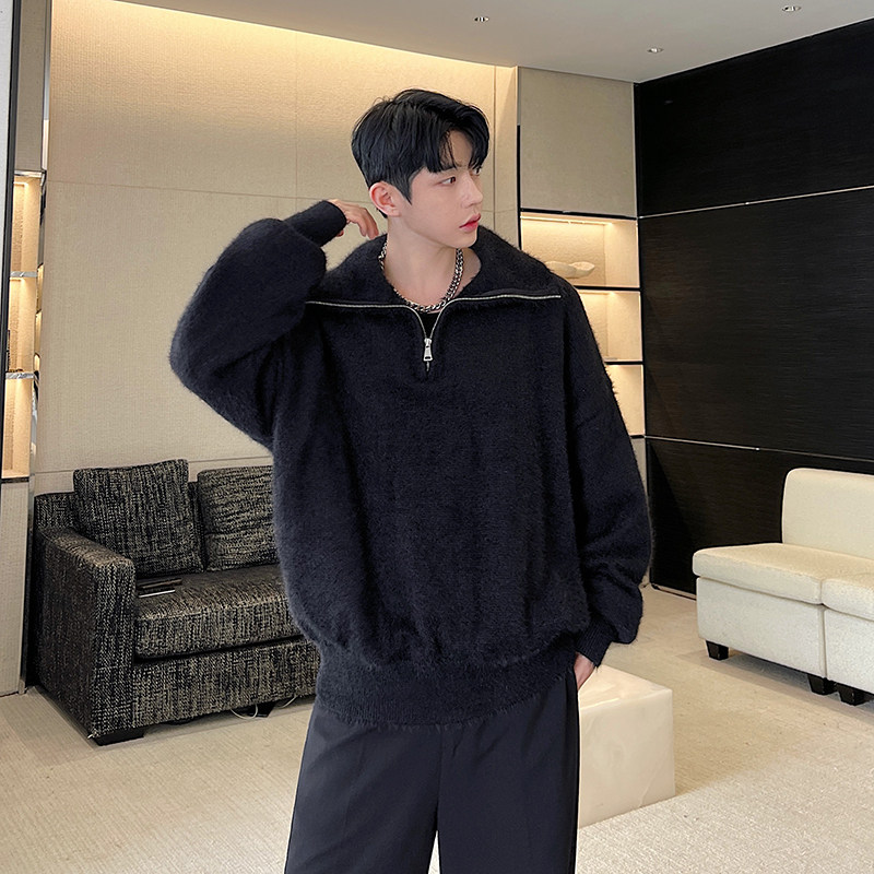 原创韩版个性立领拉链仿貂毛慵懒毛衣两色Y107P155，男装针织衫/毛衣，电商C212