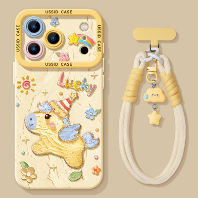 油画小马硅胶带挂绳手机壳