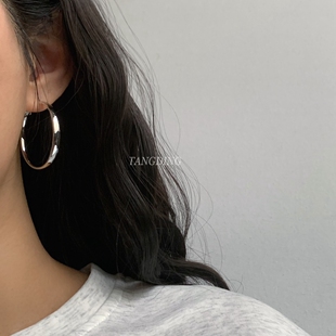 4cm直径宽边圆环耳圈经典银色几何圆圈耳环简约气质冷淡耳饰925银