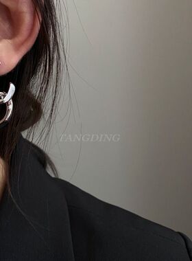 极简ins风潮酷双C耳环小众设计感简约链条耳钉气质百搭耳坠s925银