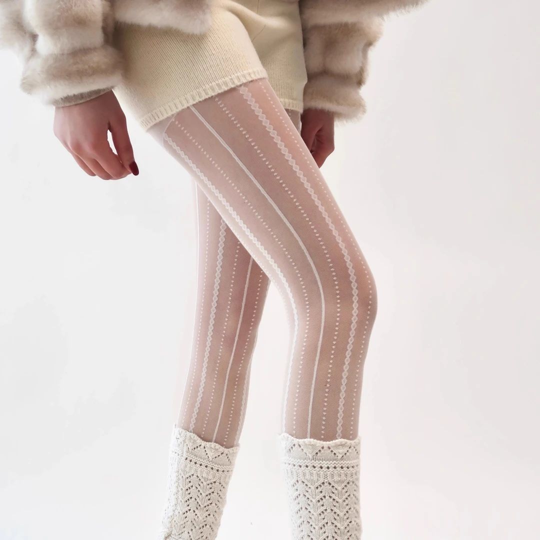 复古麻花条纹蕾丝白色女士丝袜春秋款天鹅绒防勾丝连裤袜性感丝袜