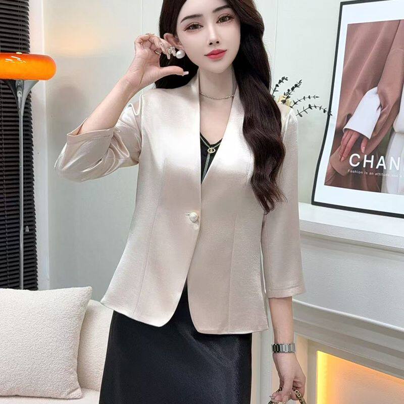 时尚醋酸缎面七分袖无领西装外套女薄春夏新款配吊带裙子开衫西服