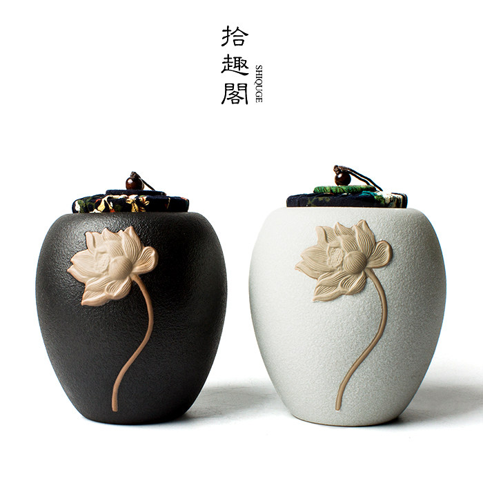 原创浮雕粗陶茶叶罐手工陶瓷茶仓陶艺罐密封普洱茶叶桶醒茶罐包邮