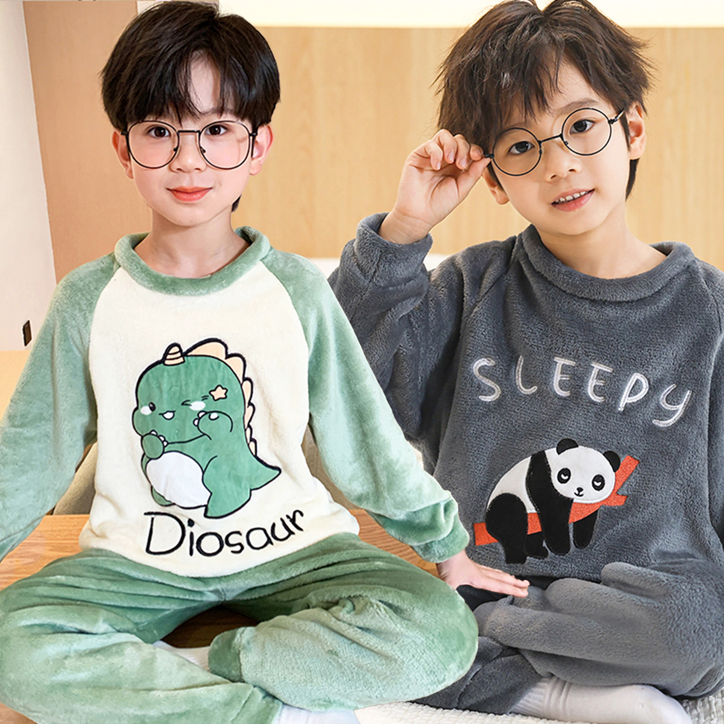 儿童睡衣男童秋冬加厚款男孩珊瑚绒宝宝法兰绒家居服恐龙冬款套装