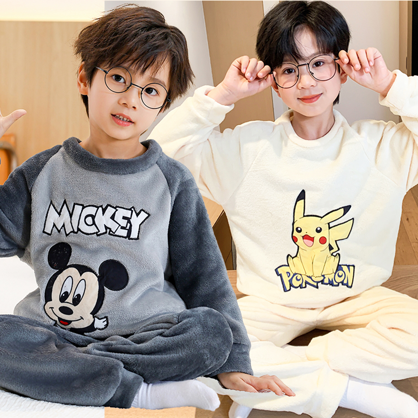 秋冬季款儿童法兰绒睡衣宝宝加厚款加绒家居服男童大童珊瑚绒套装