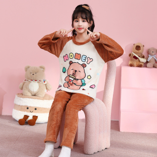 秋冬季2025新款儿童睡衣薄款法兰绒圆领套装珊瑚绒卡通女童家居服