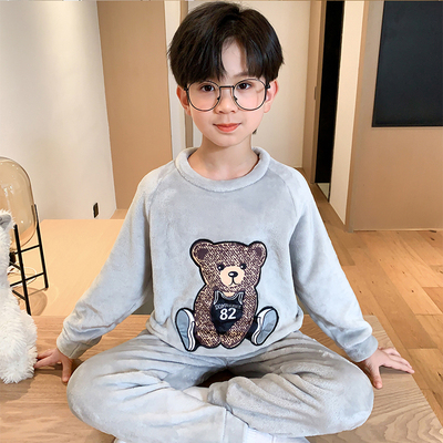 儿童珊瑚绒睡衣男孩大童加绒加厚法兰绒男童可爱卡通家居服秋冬款