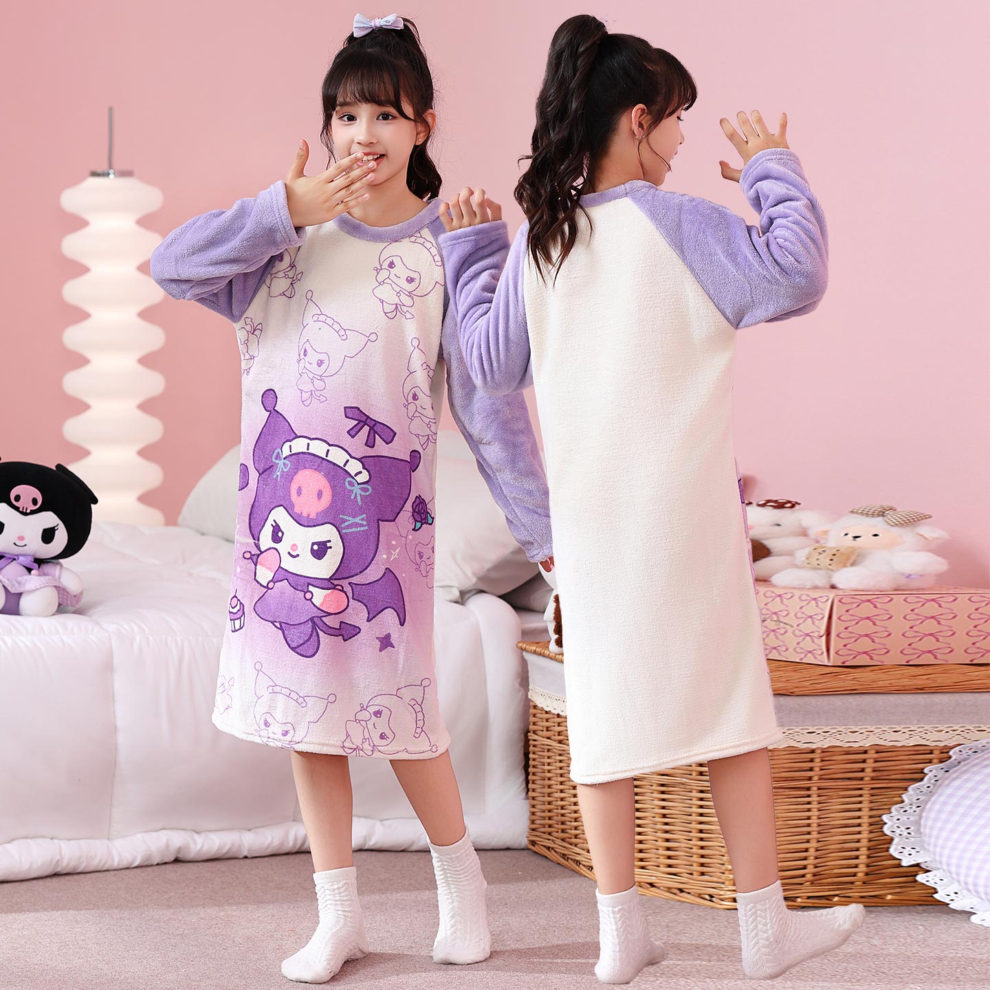 女童睡裙秋冬法兰绒儿童卡通加厚保暖家居服睡袍女孩珊瑚绒睡衣冬