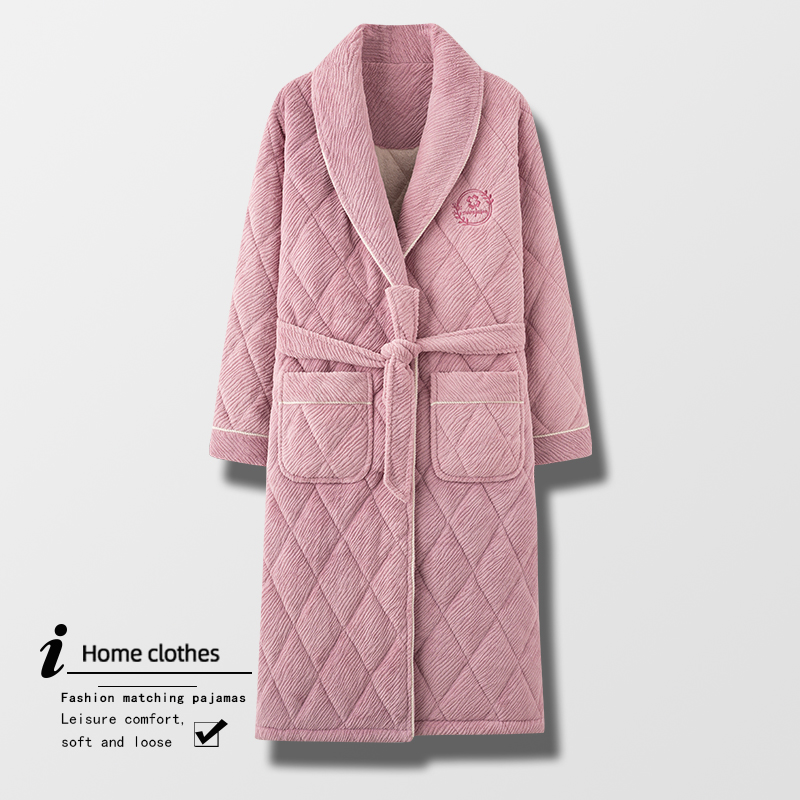 珊瑚绒三层夹棉女保暖中长款睡袍