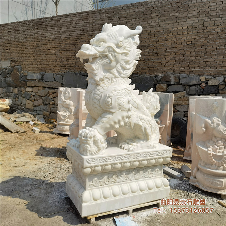 石雕汉白玉麒麟一对天然青石晚霞红龙爪招财镇宅中式雕塑门口摆件