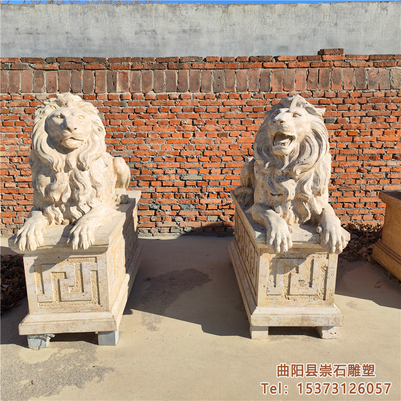 崇石雕塑石雕欧式石狮子一对晚霞红蹲狮银行酒店别墅门口招财爬狮