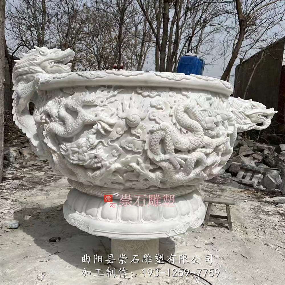 石雕龙头鱼缸石槽汉白玉石头荷花盆庭院户外仿古圆缸养鱼流水摆件