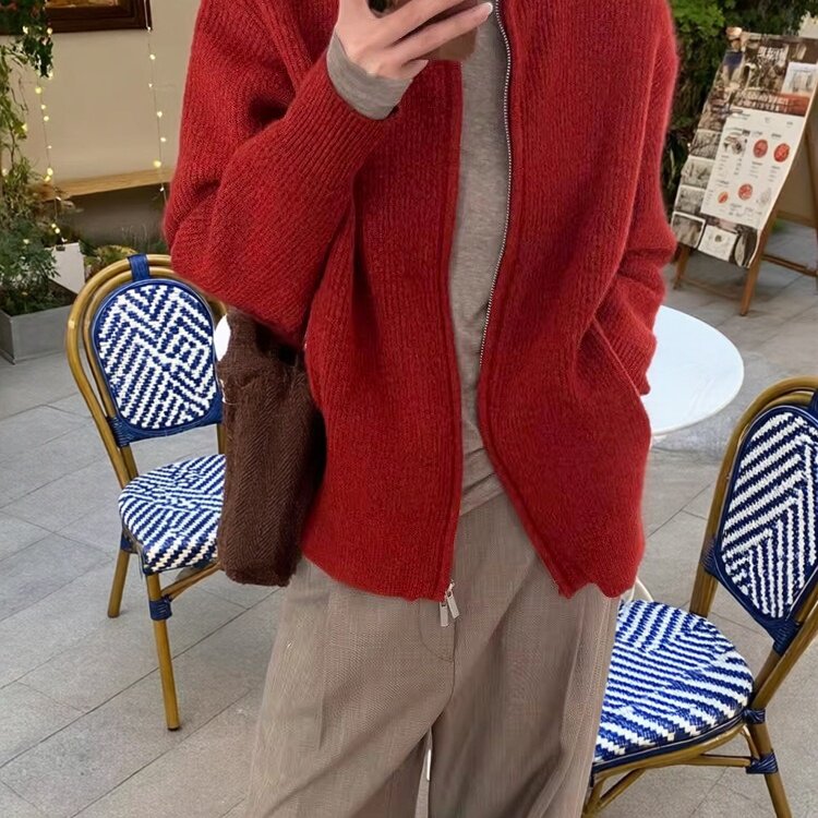 圣诞穿搭红色拉链高领针织开衫女秋冬季外搭加厚软糯毛衣外套上衣