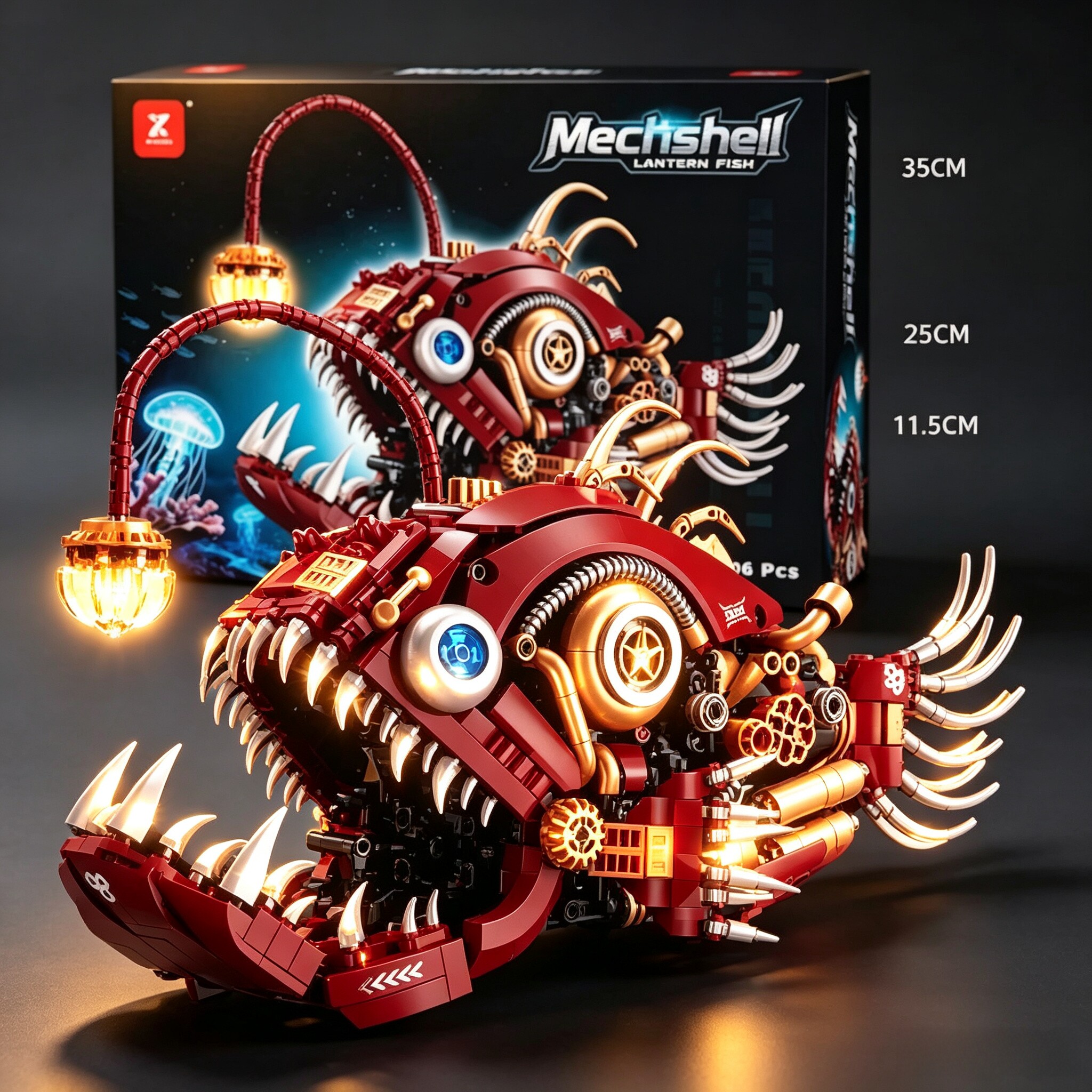 鑫砖XZ0113赛博灯笼鱼海洋动物模型益智拼装电驱科教儿童玩具礼物