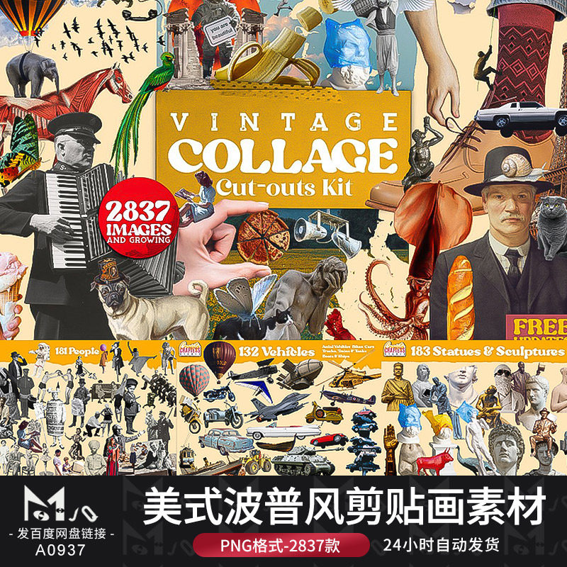 复古美式波普风蒸汽波花卉剪贴画拼贴画贴纸png免扣mjq设计素材站