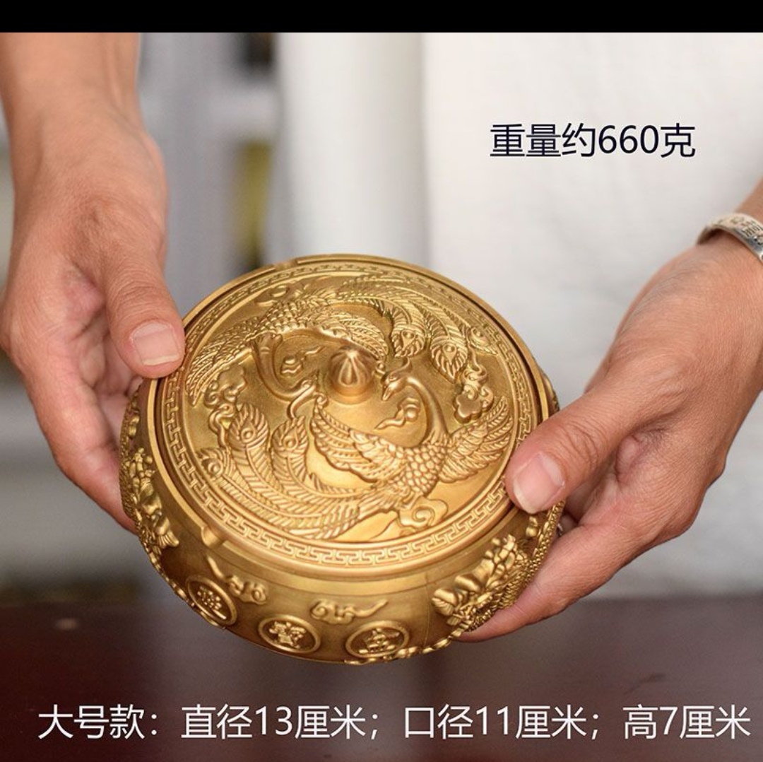 黄铜烟灰缸二龙戏珠聚宝盆带盖子凤凰盖