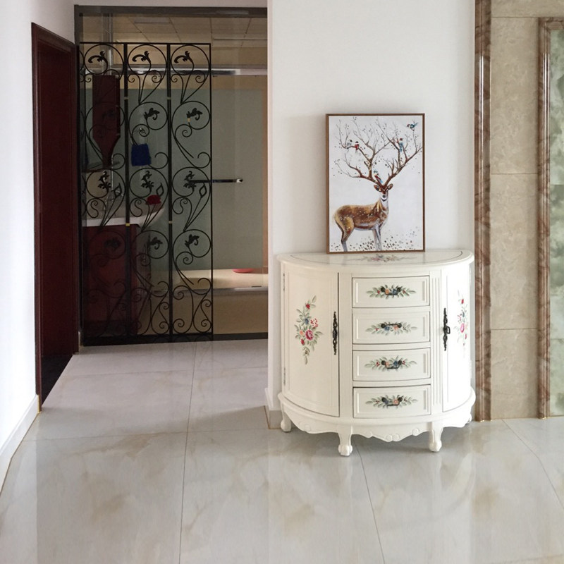 象牙白门厅柜玄关柜 美式玄关桌半圆 欧式靠墙桌 手绘玫瑰装饰柜