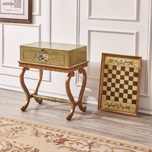 国际象棋桌几伸缩托盘带抽屉彩绘
