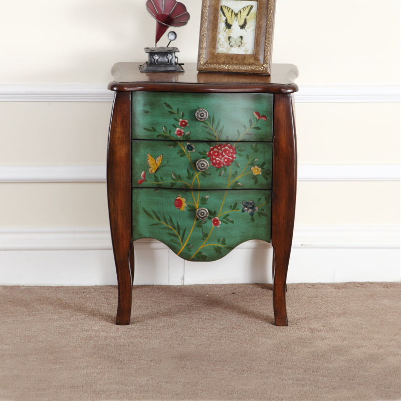 美式角几边几复古手绘小茶几地中海三斗柜边柜实木储物柜台灯桌