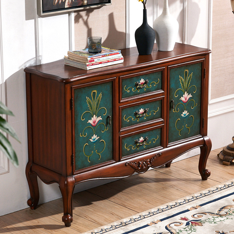 美式家具斗柜餐边柜实木复古手绘储物柜三斗二门柜彩绘橱柜玄关柜