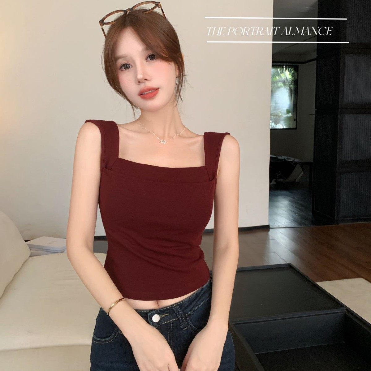 时尚百搭双层直角肩带胸垫一字领背心内搭外穿修身显瘦遮副乳