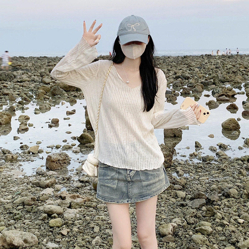 春季微透木耳边防晒罩衫女春季外穿长袖宽松慵懒感T恤甜辣妹上衣
