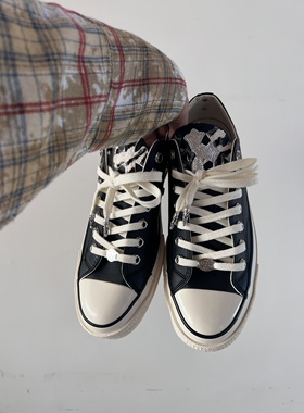 Remake客制十字架缝纫鞋片气眼扣黑色皮面低帮鞋百搭舒适男女同款