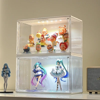 泡泡玛特盲盒磁吸带灯收纳盒公仔手办阶梯式收纳高透防尘展示盒